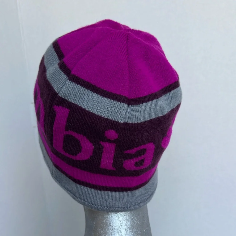 Columbia Omni Heat Lined Beanie Hat Purple Gray Stripe Winter Ski Hiking Cap